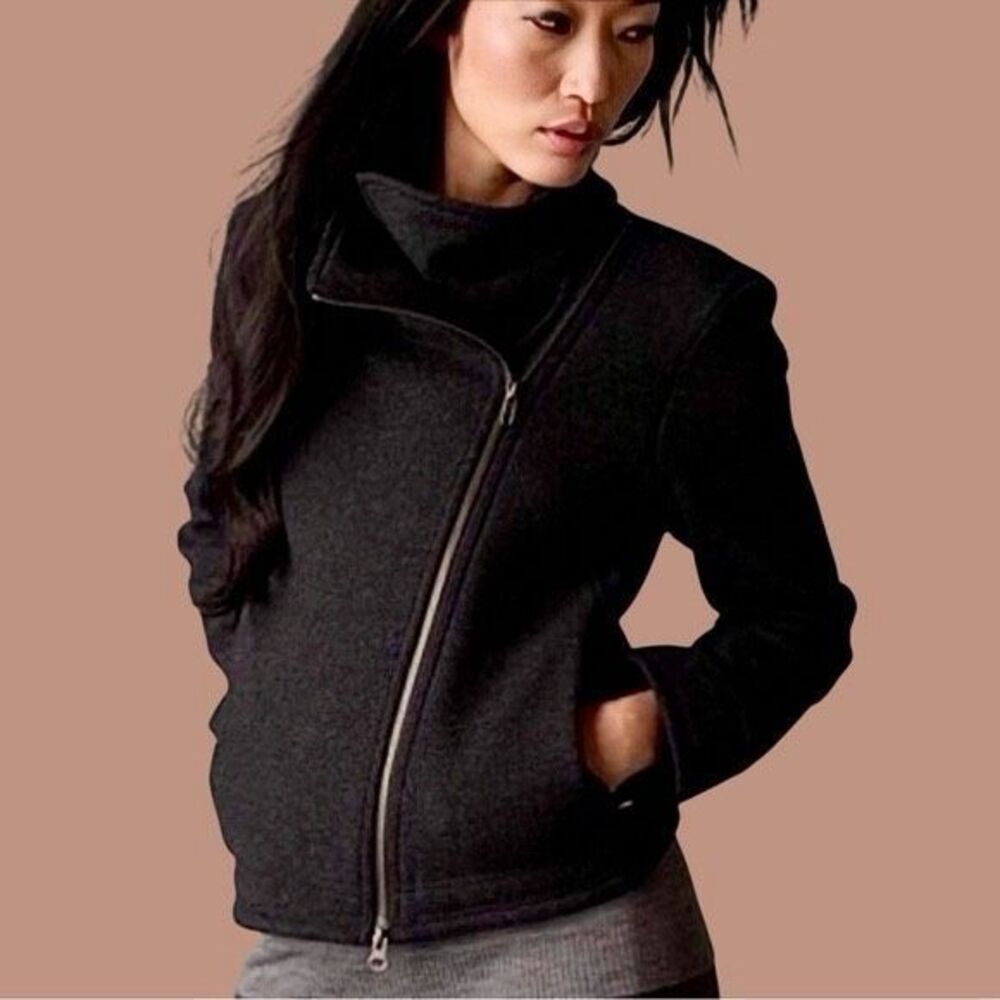 Eileen Fisher Sweater Jacket XS Charcoal Gray Asymmetrical Full Zip Wool Knit